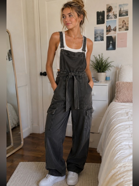 Free People Pants - Free People Washed Charcoal Cargo Overalls